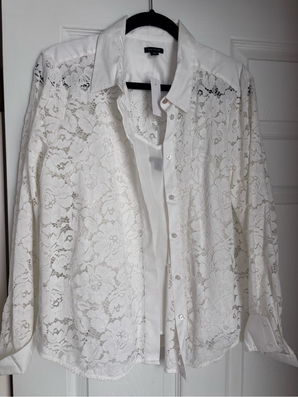 Ann Taylor White Lace Button-Down Blouse
